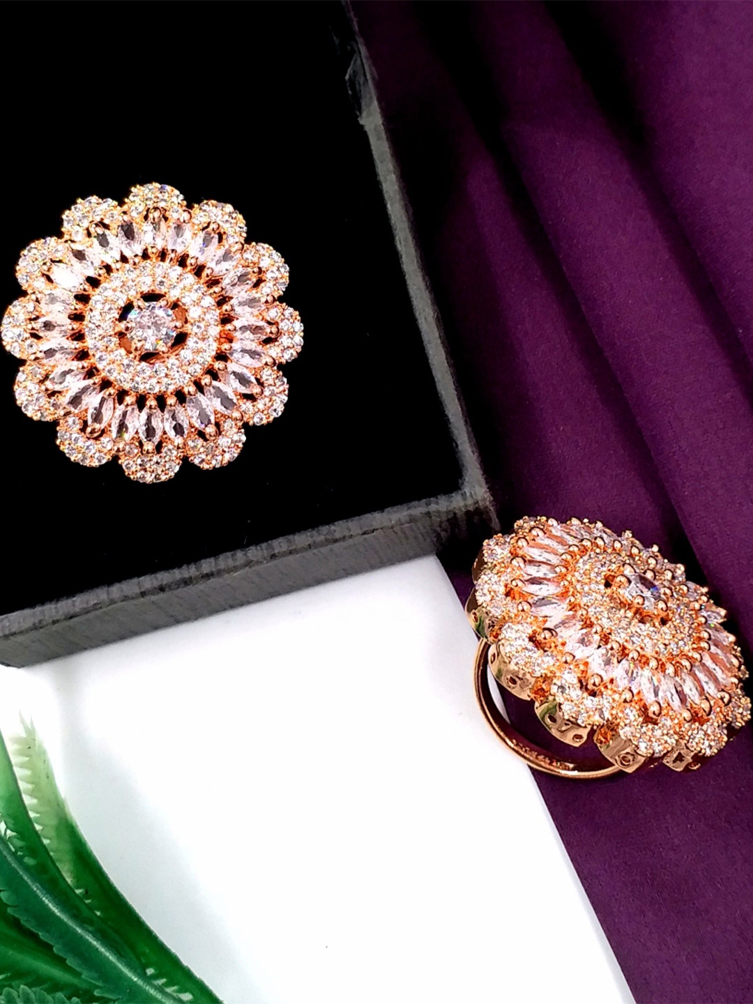 

JYONA Gorgeous Rose Gold Plated American Diamond-Studded Gorgeous Adjustable Finger Ring