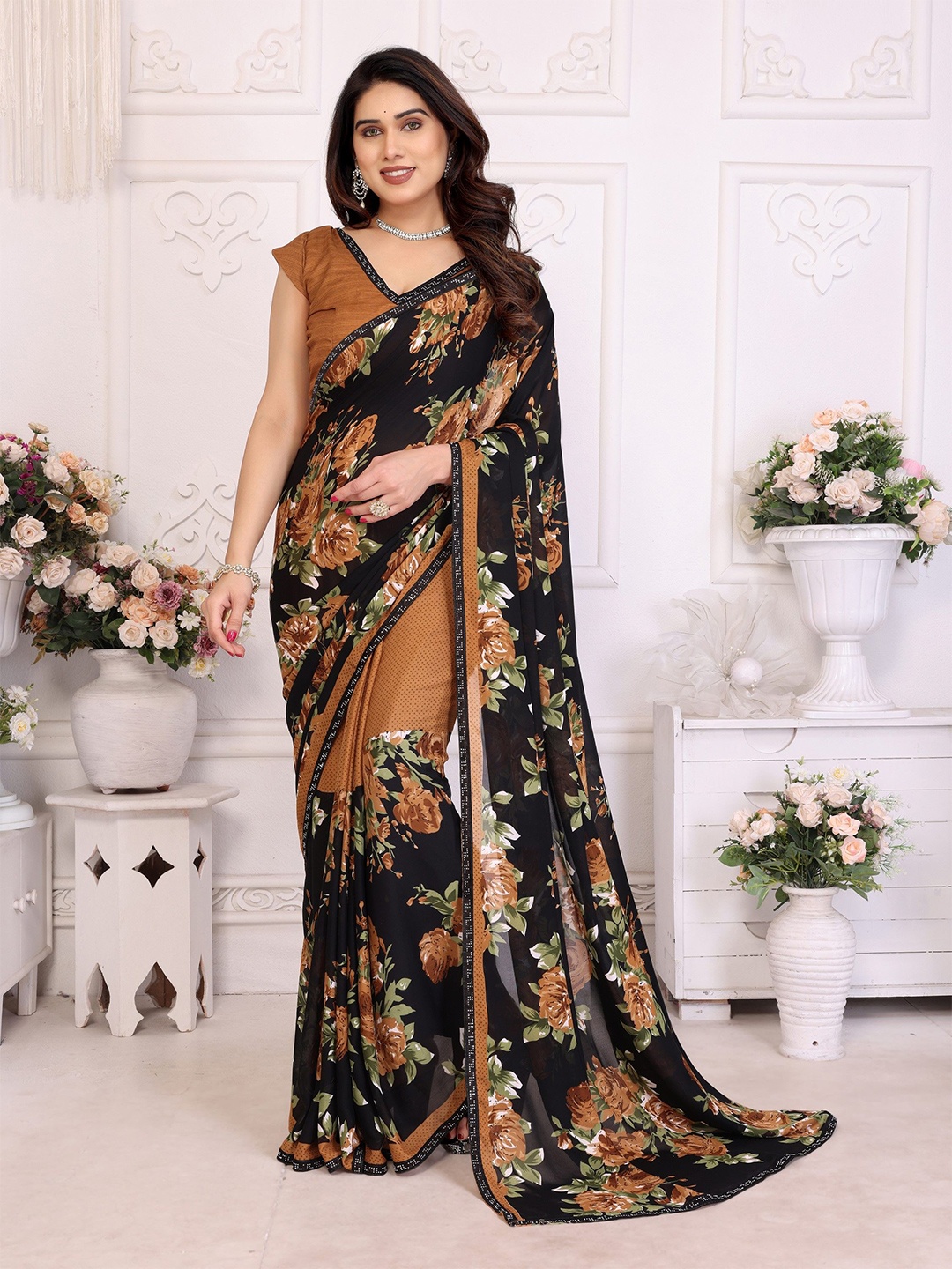 

Nirmohi Fashion Floral Printed Beads and Stones Saree, Brown