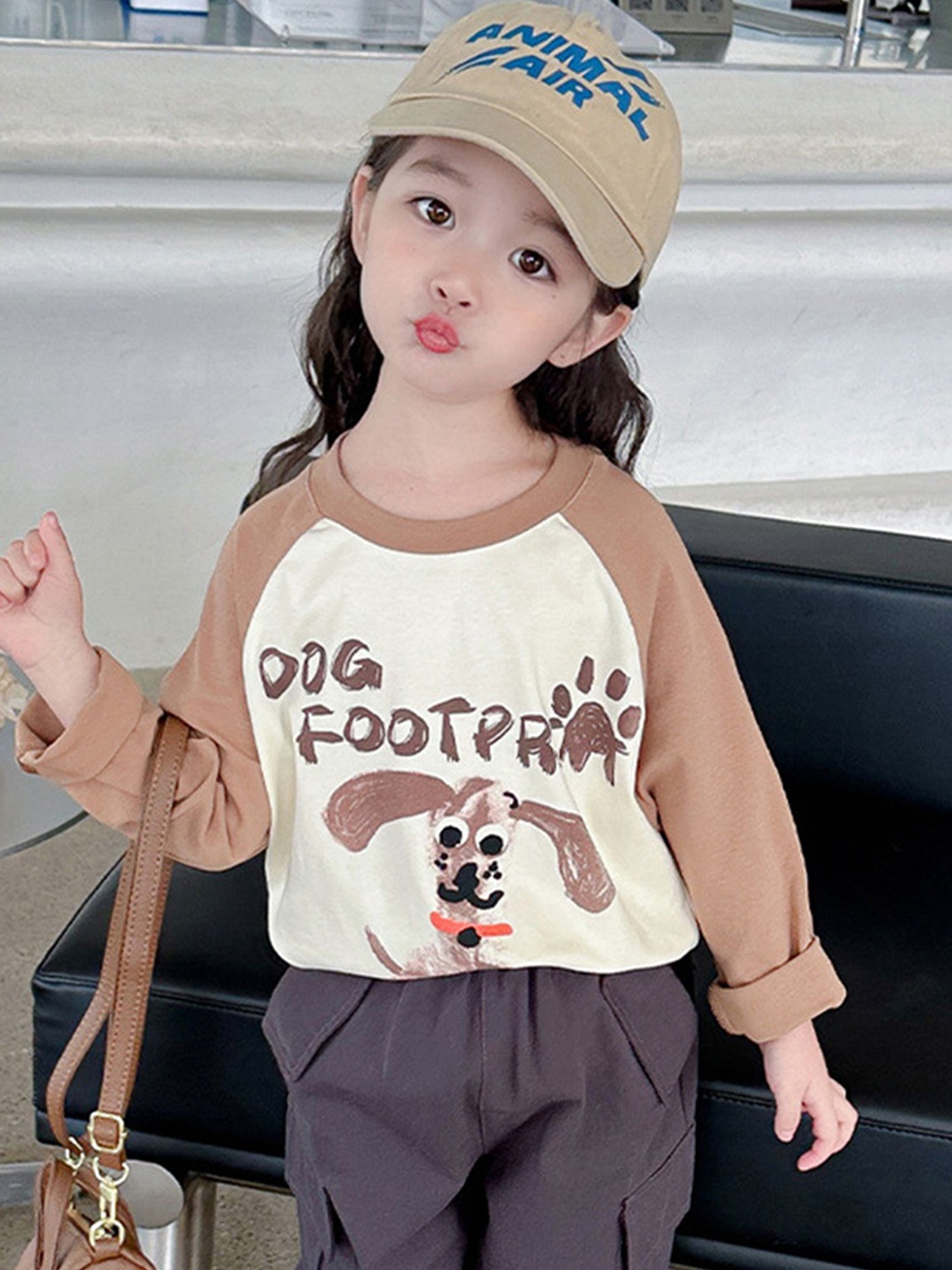 

LULU & SKY Girls Typography Printed Drop-Shoulder Sleeves Pure Cotton Pockets T-shirt, Khaki