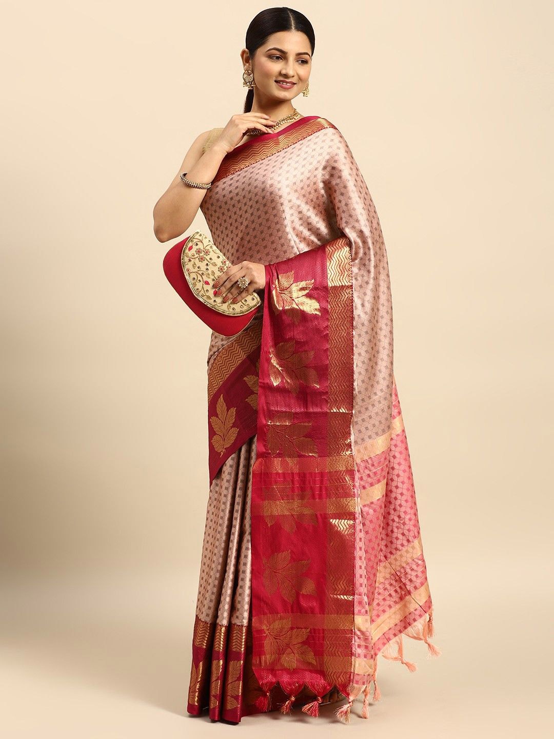 

SILKWEAR Woven Design Zari Dharmavaram Saree, Peach