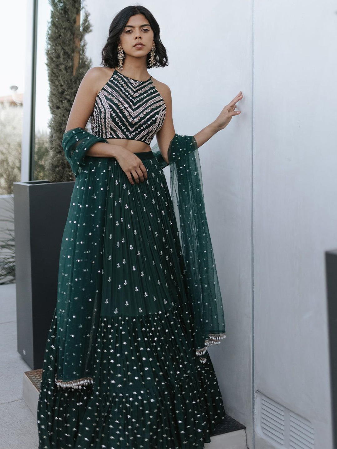

JIHU CULTURE Embroidered Semi-Stitched Lehenga & Unstitched Blouse With Dupatta, Green