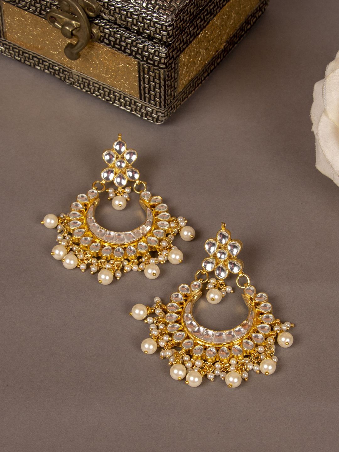 

House of Pataudi Gold-Plated Kundan Studded Crescent Shaped Chandbalis