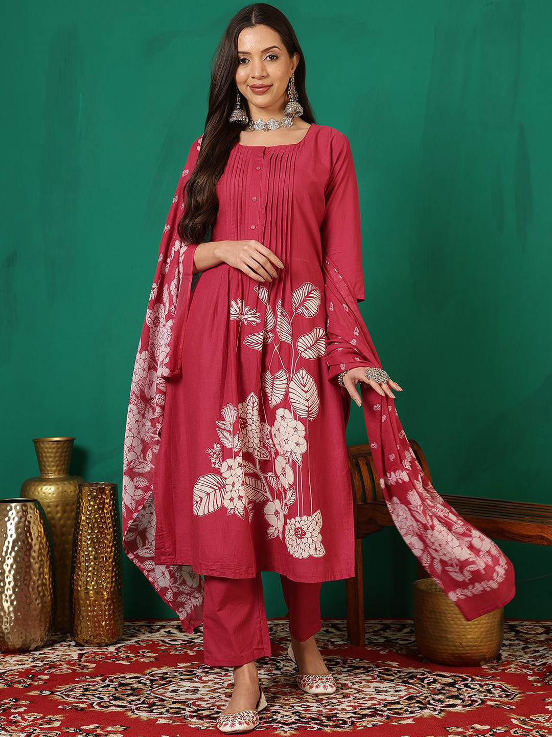 

Sangria Floral Printed Pure Cotton Round Neck A-Line Kurta With Trouser & Dupatta, Pink