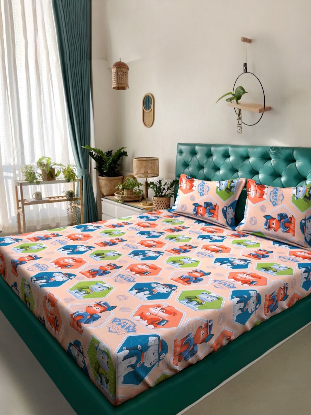 

KLOTTHE Beige & Blue Printed Pure Cotton 400 TC Double Bedsheet Set 2.5 m x 2.25 m