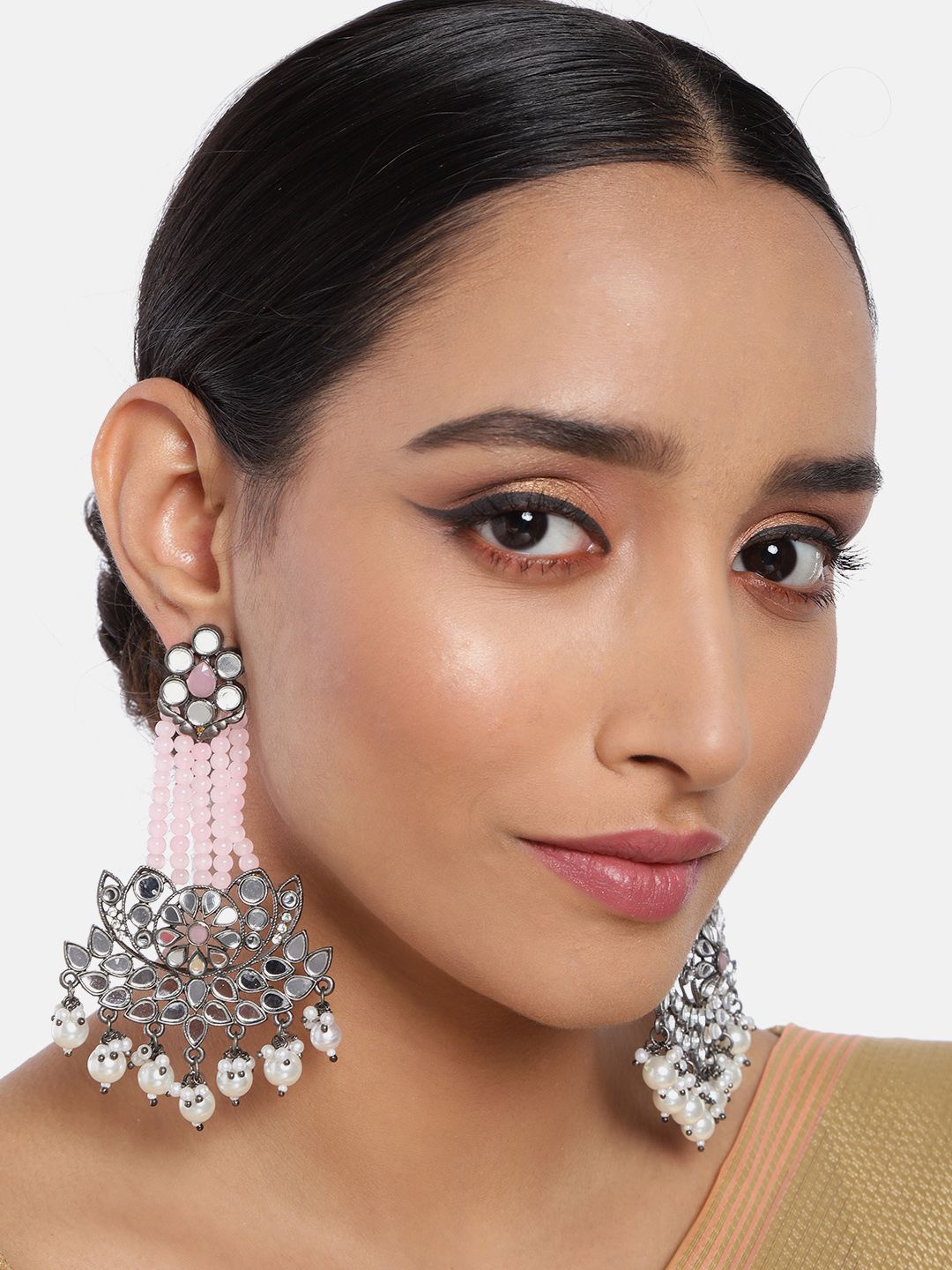 

Sangria Silver-Plated Artificial Stones Studded & Beaded Contemporary Drop Earrings