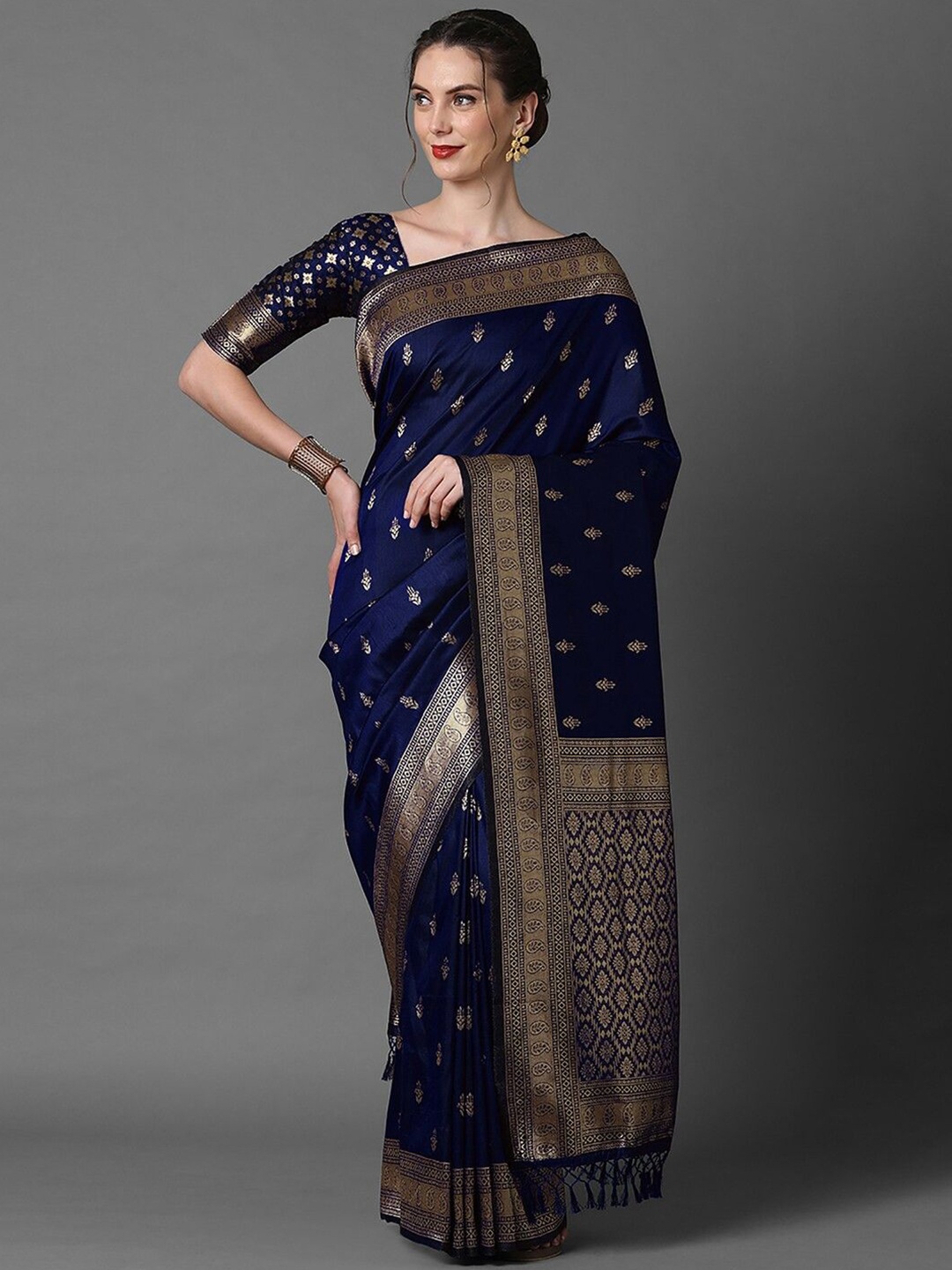 

yourwish Ethnic Motifs Zari Pure Silk Banarasi Saree, Navy blue