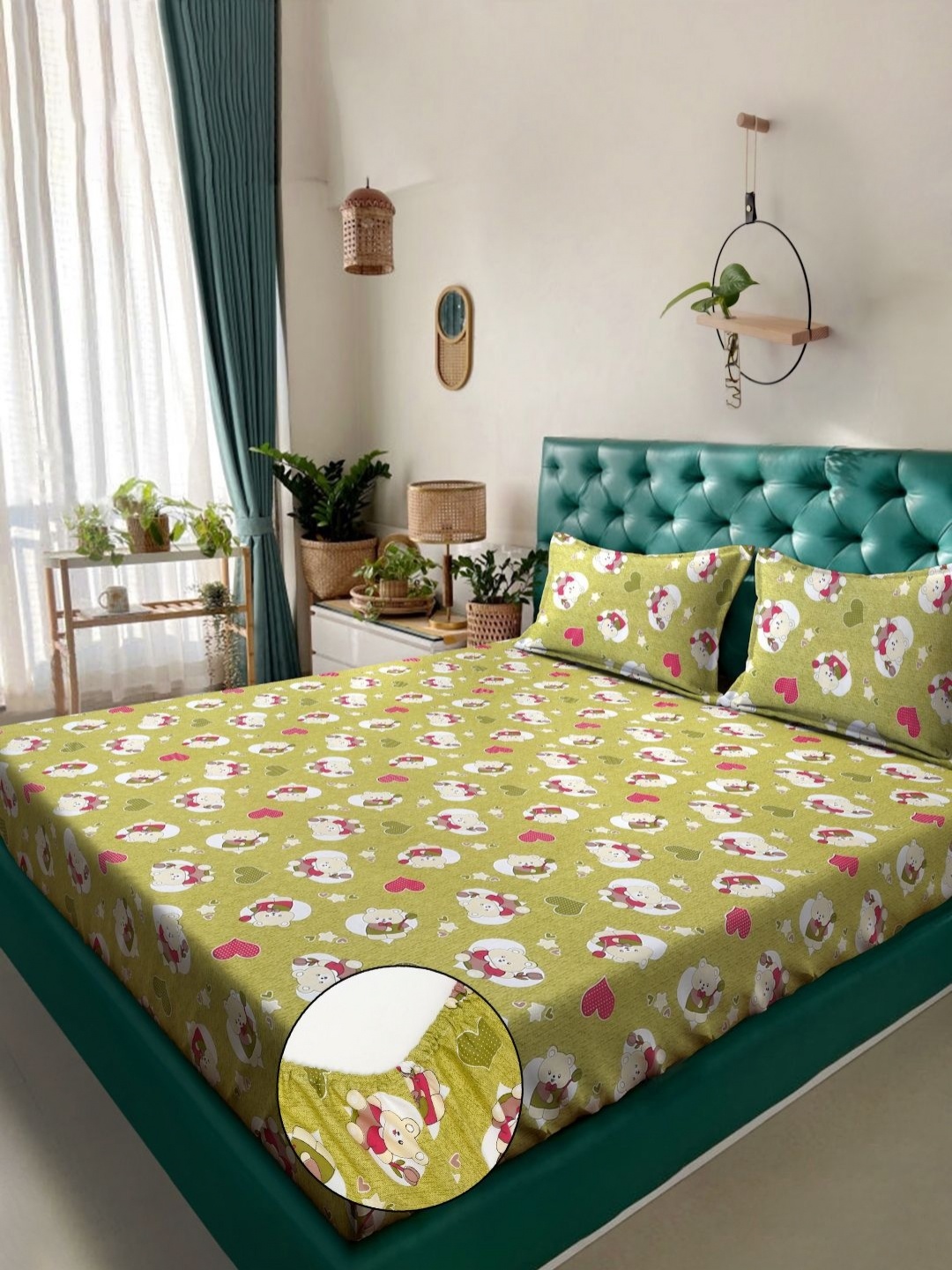 

KLOTTHE Green Cartoon Printed Pure Cotton 400 TC Double Bedsheet Set 2.5 m x 2.25 m