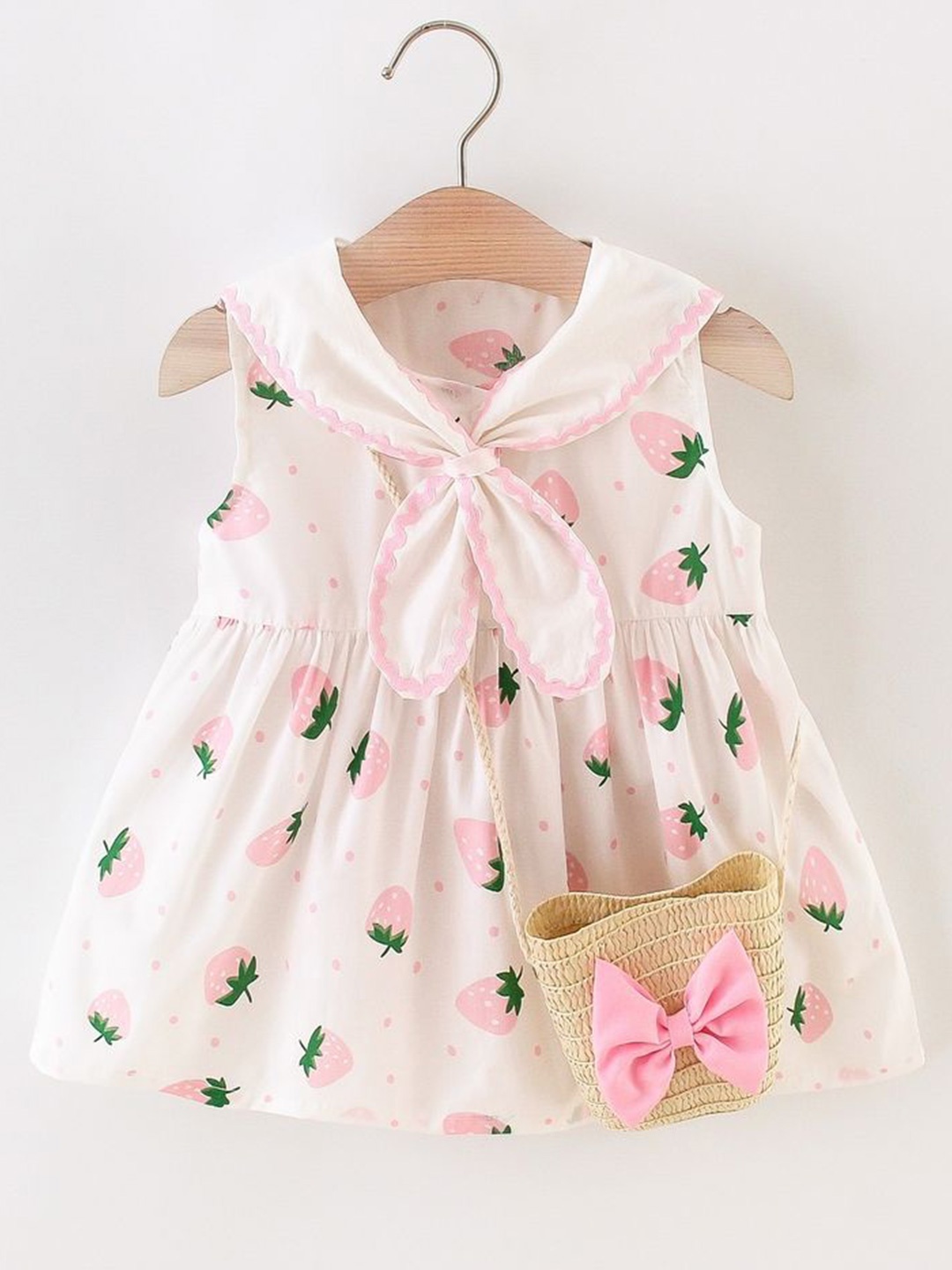 

LULU & SKY Girls Conversational Printed Fit & Flare Tie-Up Neck Knee Length Dress, Pink