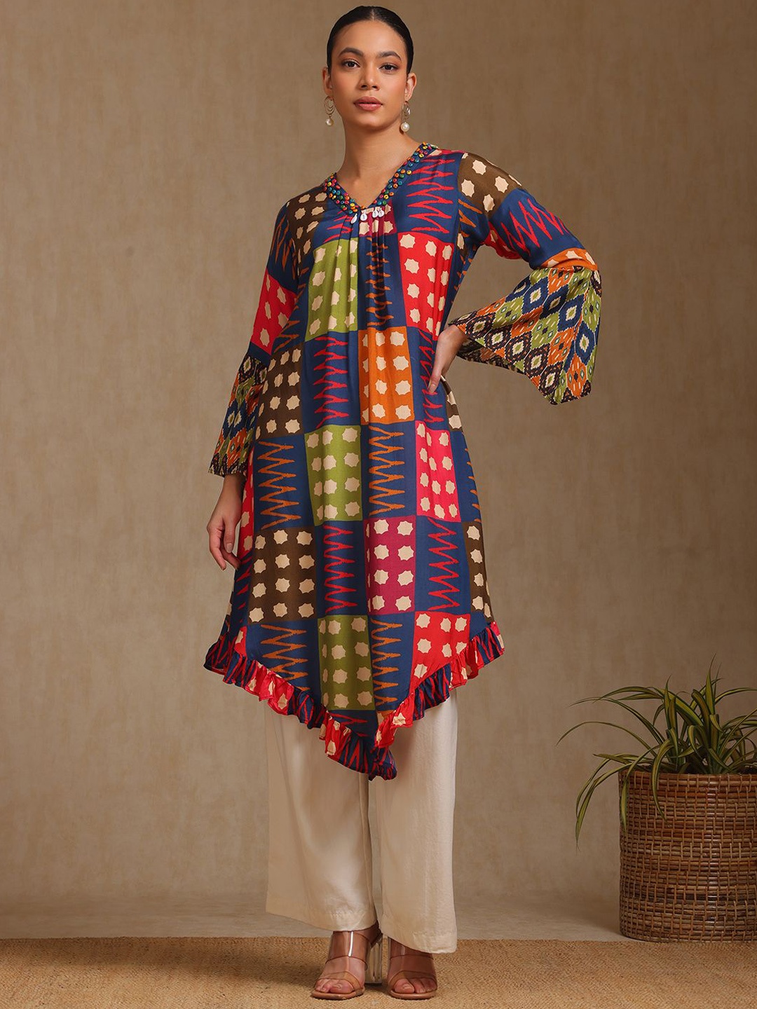 

Soch Geometric Printed V-neck Bell Sleeves A-Line Kurta, Blue