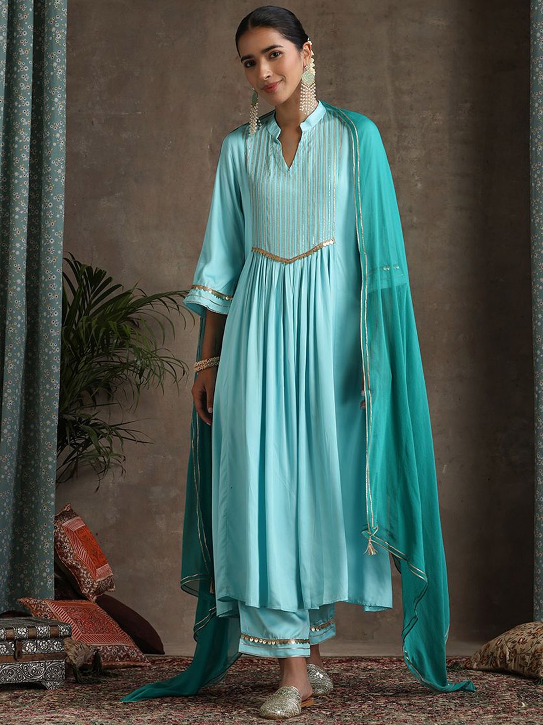 

Khushal K Women Regular Kurta with Palazzos & With Dupatta, Turquoise blue