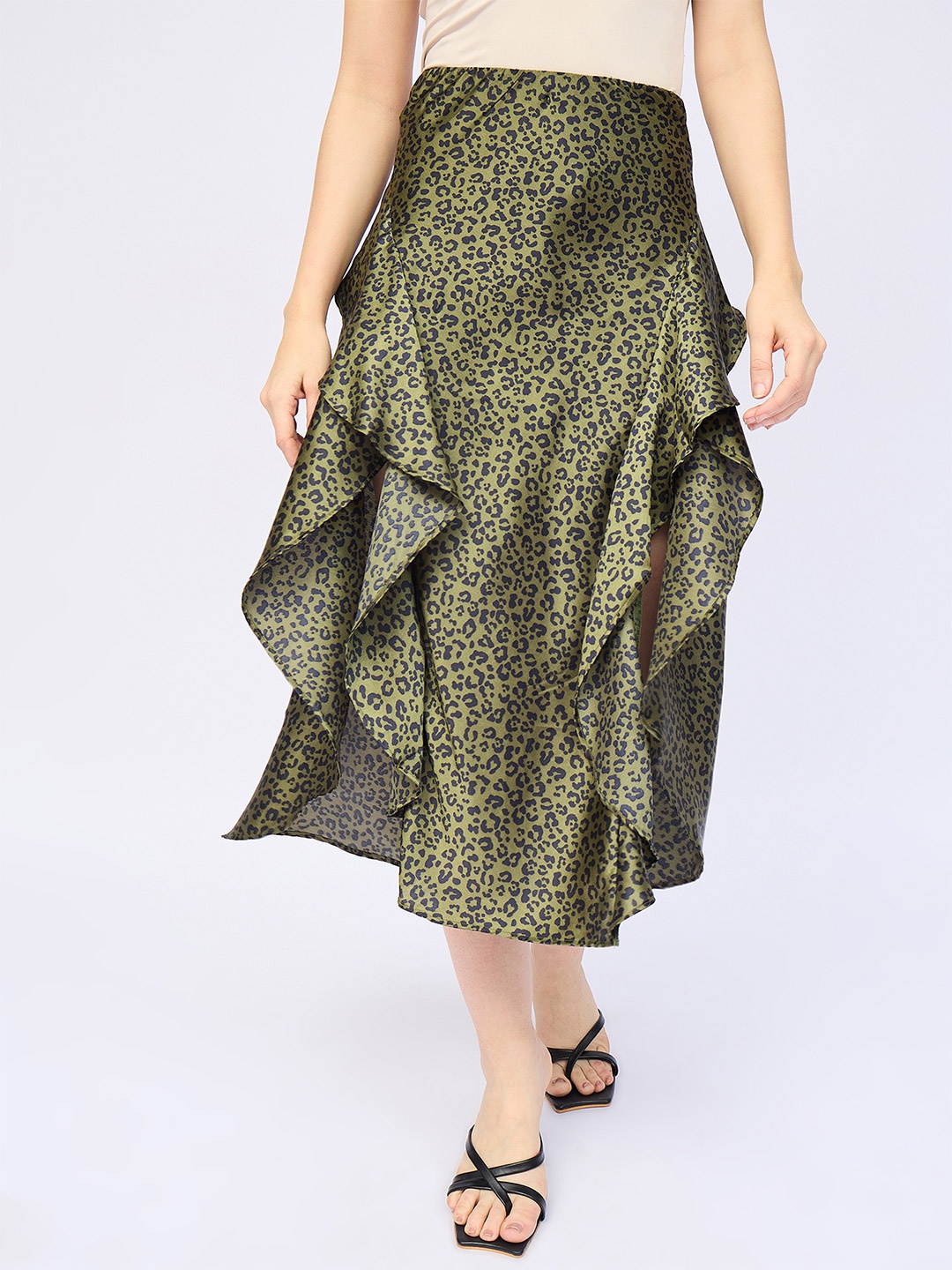 

DressBerry Printed Ruffle Skirt With Zipper, Olive