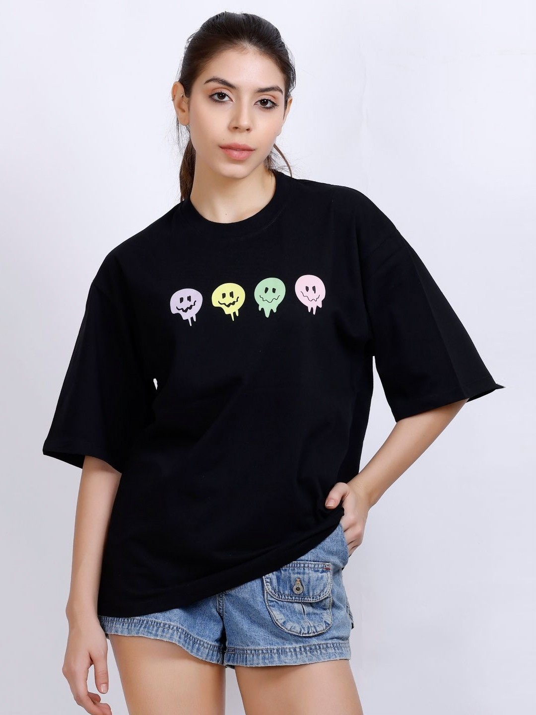 

MX Miazi Xchange Women Printed Applique T-shirt, Black