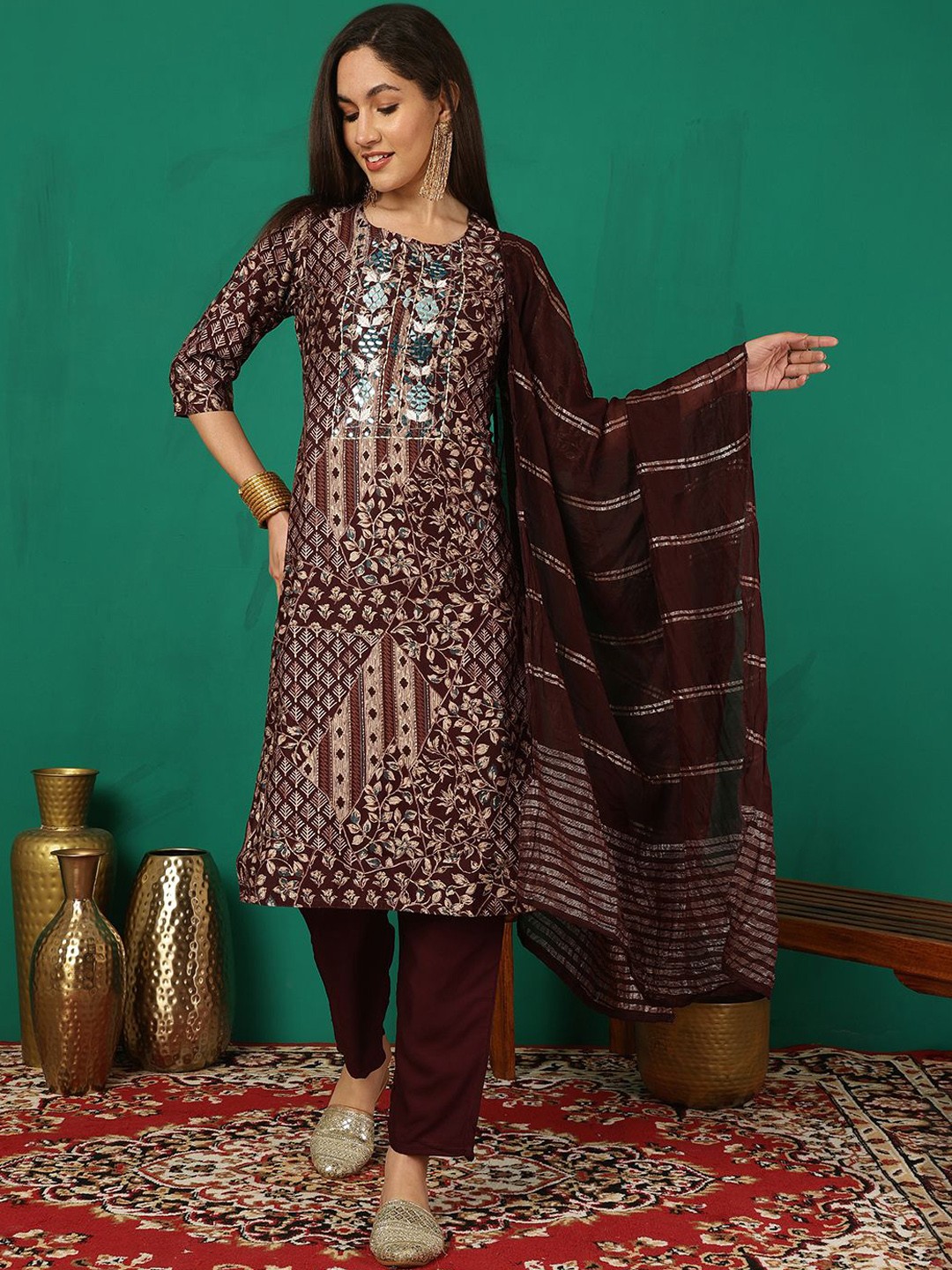

Sangria Floral Printed Mirror Work Round Neck Straight Kurta With Trouser & Dupatta, Brown