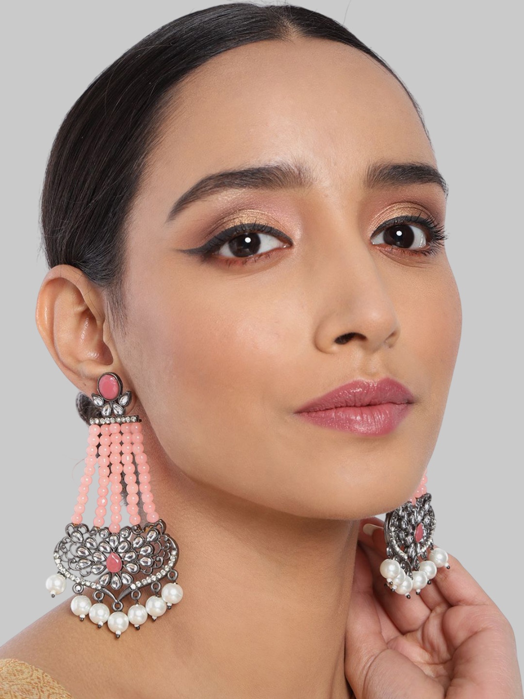

Sangria Silver-Plated Artificial Stones Studded & Beaded Contemporary Drop Earrings