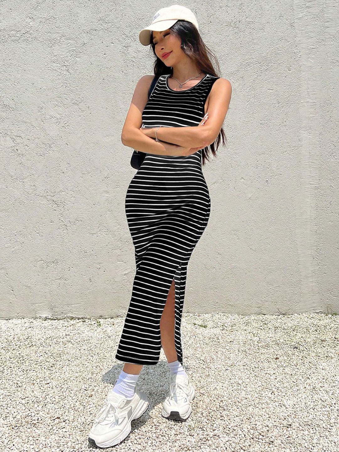 

AAHWAN Women Striped Bodycon Maxi Dress, Black