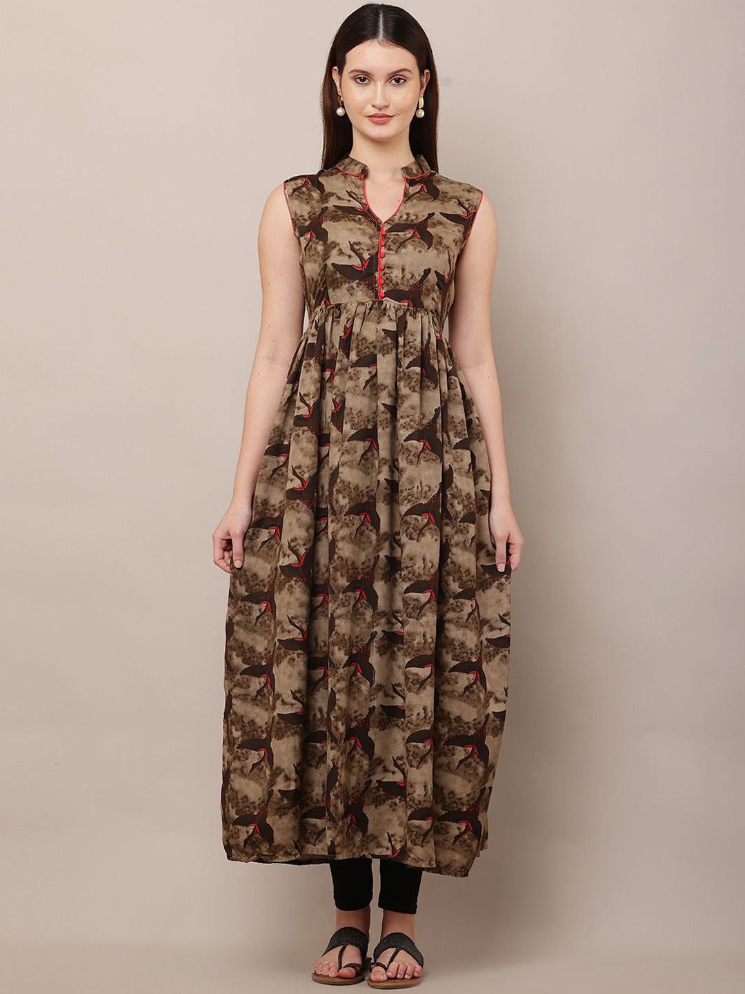 

DEGE Quirky Printed Pleated Mandarin Collar Pure Cotton Anarkali Kurta, Brown