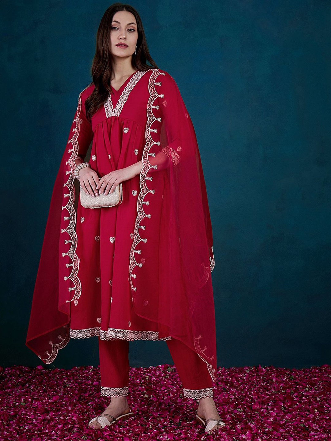 

Anouk Floral Yoke Design Thread Work Anarkali Kurta With Trousers & Dupatta, Red