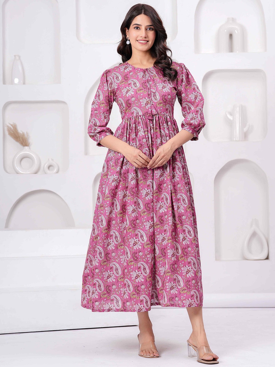 

JAIMINI Floral Printed Tie-Up Neck Cotton Fit And Flare Ethnic Dress, Pink
