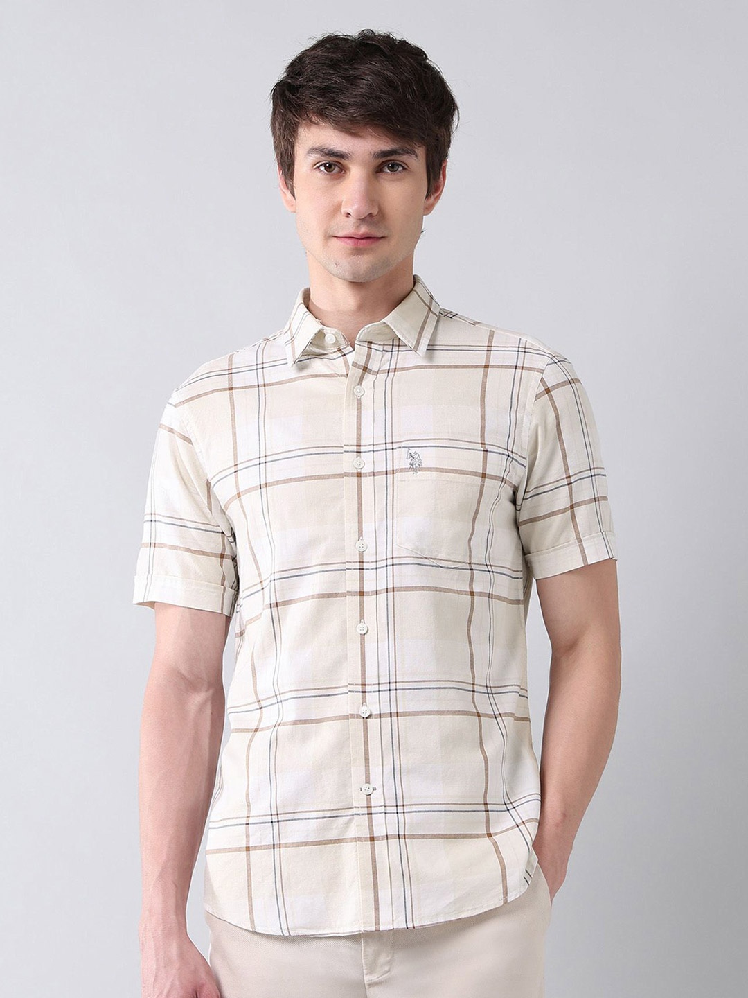 

U.S. Polo Assn. Men Classic Tailored Fit Spread Collar Checked Cotton Casual Shirt, Beige