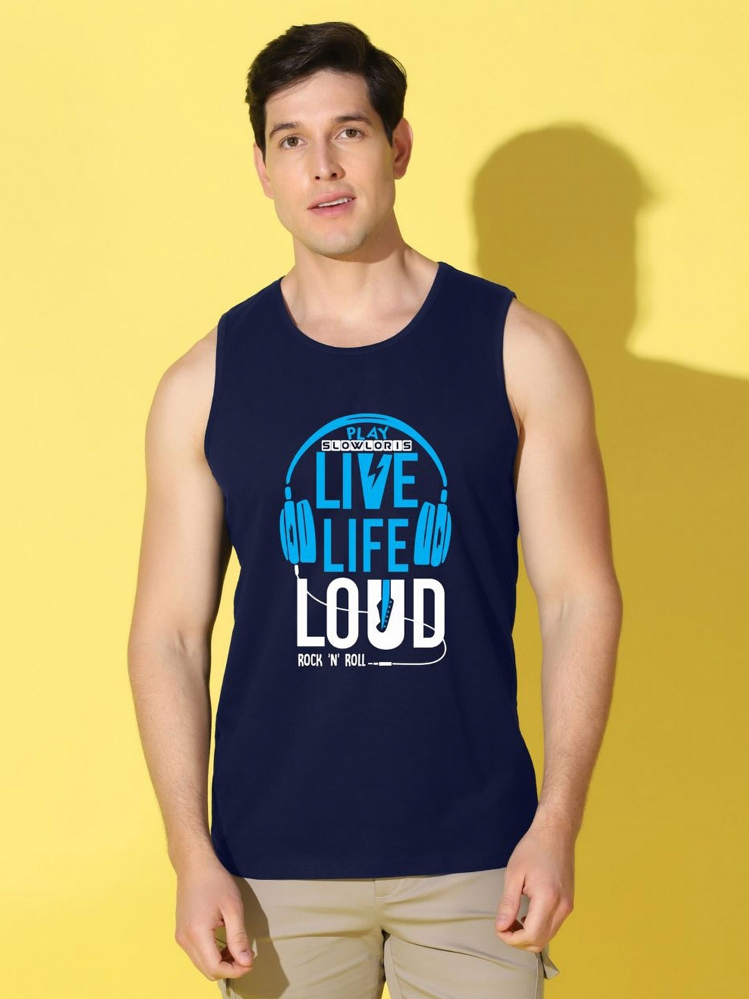

SLOWLORIS Men Typography Printed Pockets Slim Fit T-shirt, Navy blue
