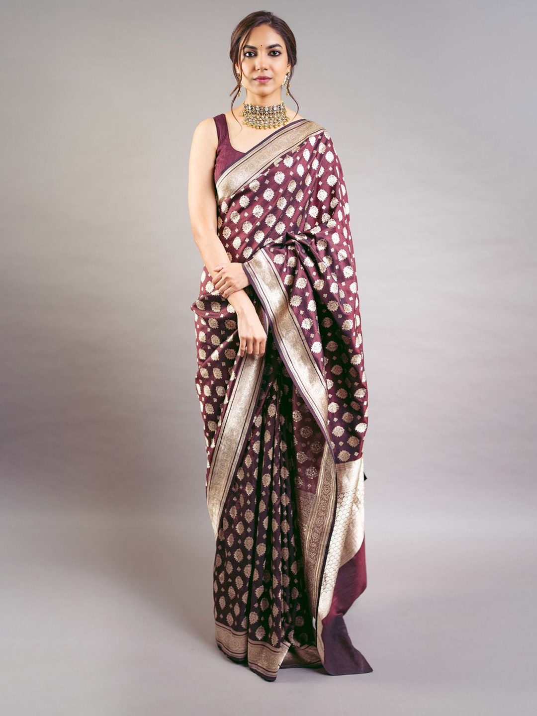 

SILKWEAR Ethnic Motifs Zari Pure Silk Banarasi Saree, Brown