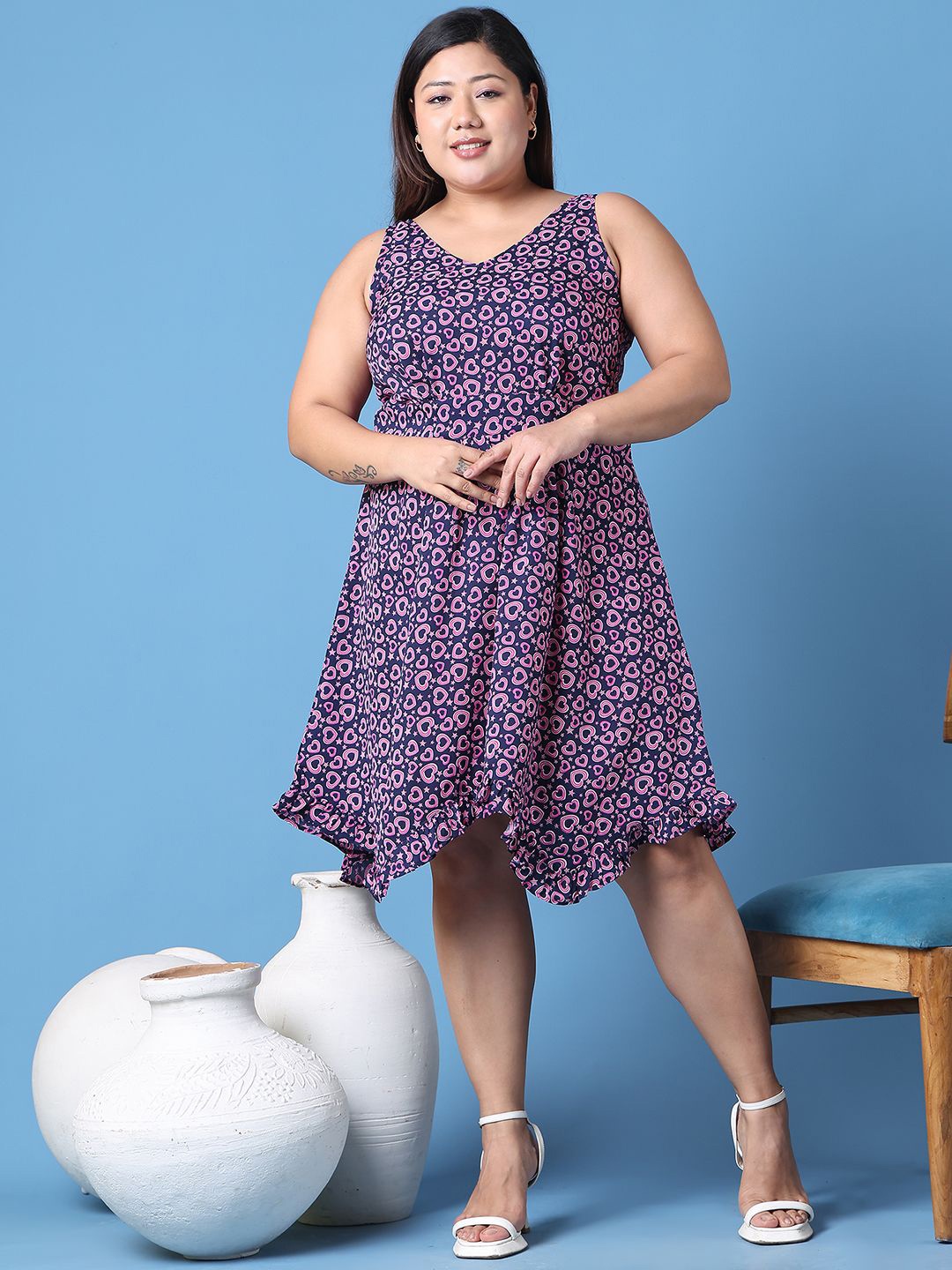 

theRebelinme Plus Size Heart Print Fit & Flare Dress, Navy blue