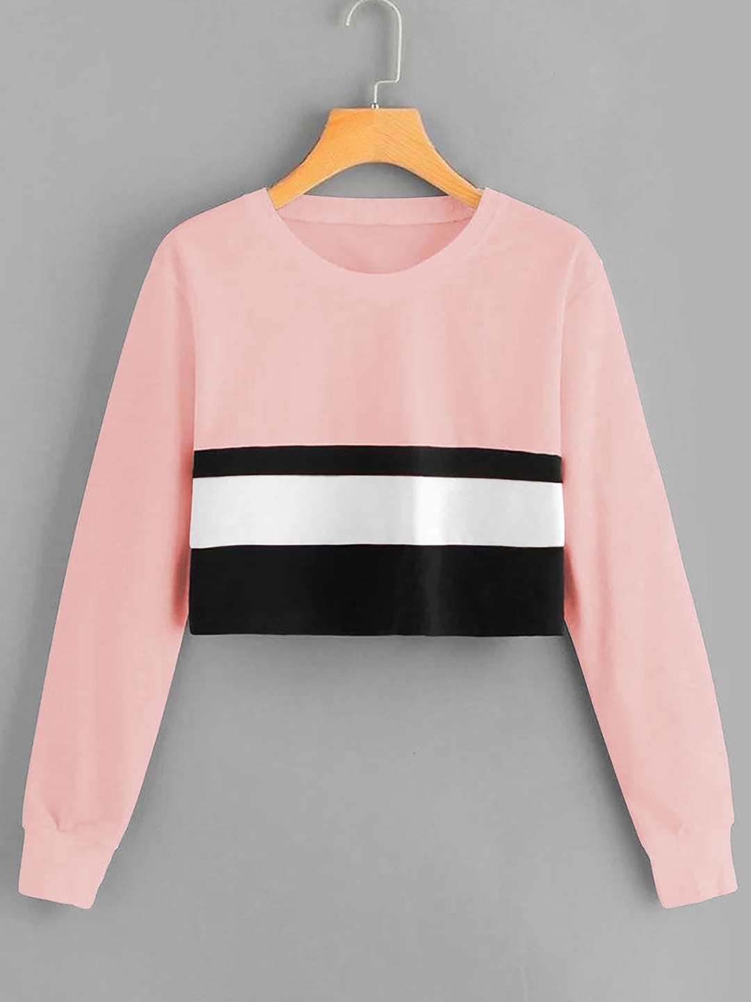 

DressBerry Women Striped Round Neck Long Sleeves Crop Top, Pink