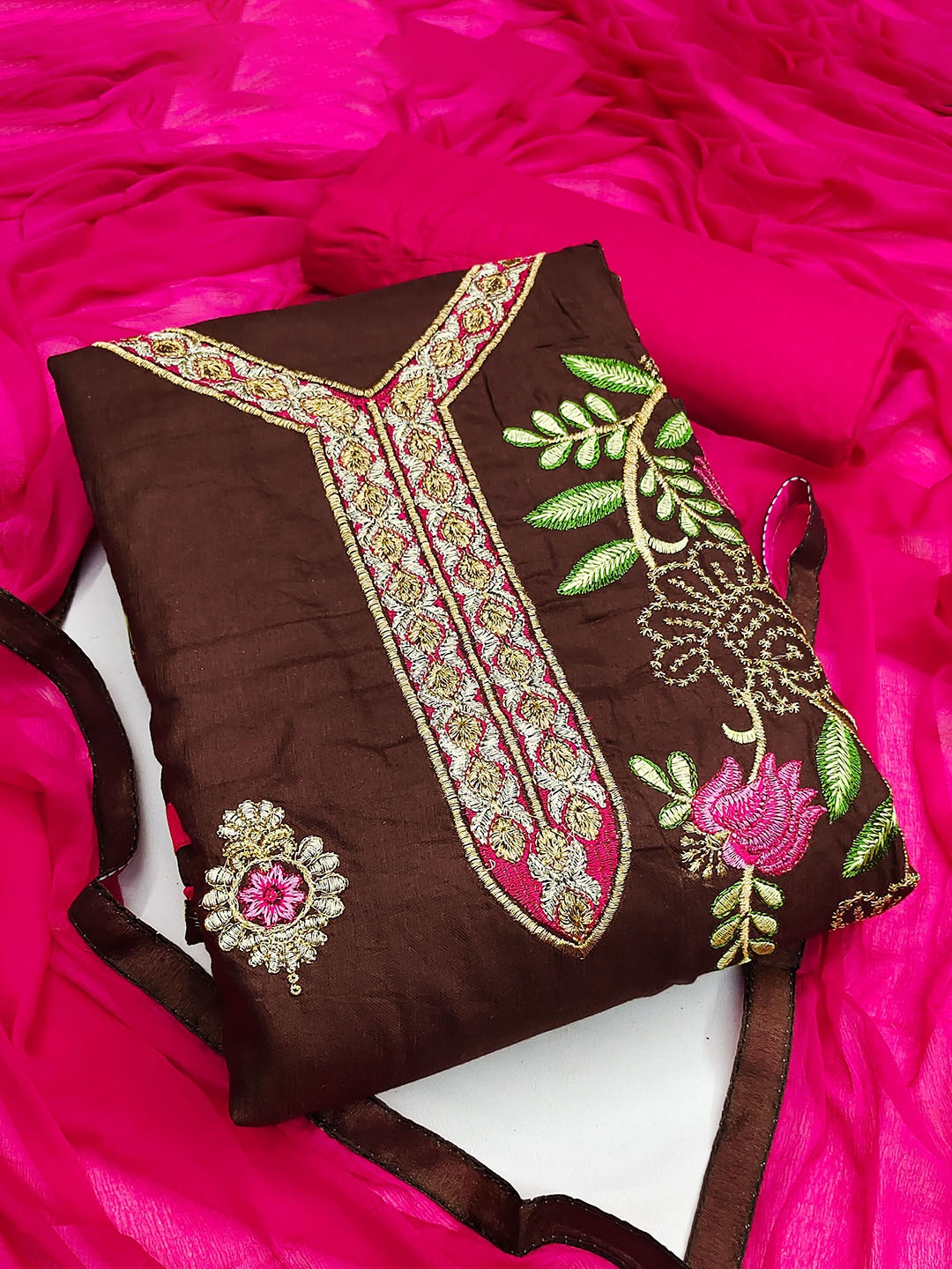 

HERE&NOW Embroidered Unstitched Dress Material, Brown