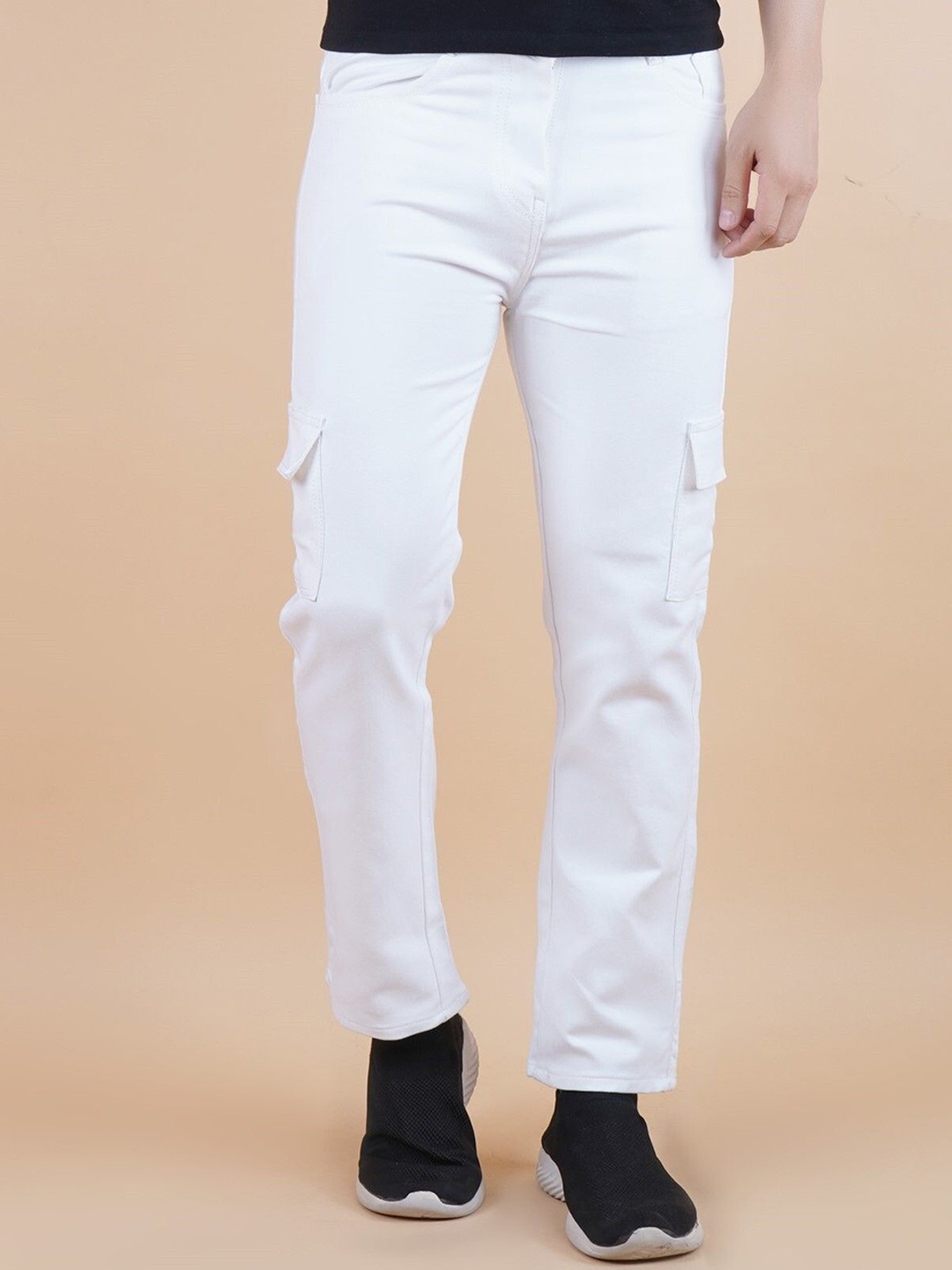 

LINARIA Men Classic Mid-Rise Jogger Fit Stretchable Cotton Cargo Jeans, White