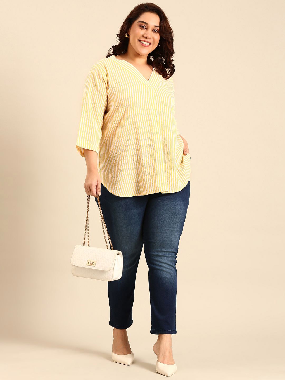 

The Pink Moon Women Plus Size Cotton Yellow Striped Lurex Top