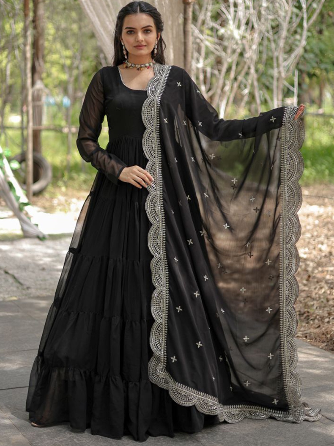 

ZIBLON Women Embroidered Pure Soft Georgette Maxi Gown Ethnic Dress With Dupatta, Black