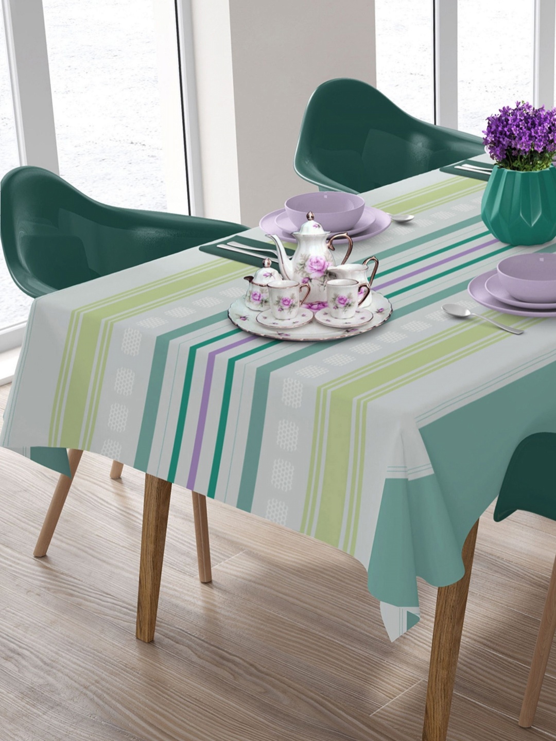 

HOME COLORS.IN Green Striped 8-Seater 2.43 m x 1.53 m Cotton Table Cover