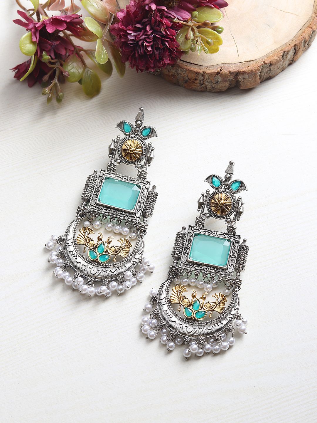 

RHOSYN German Silver-Plated Artificial Stones Studded & Beaded Crescent Shaped Chandbalis