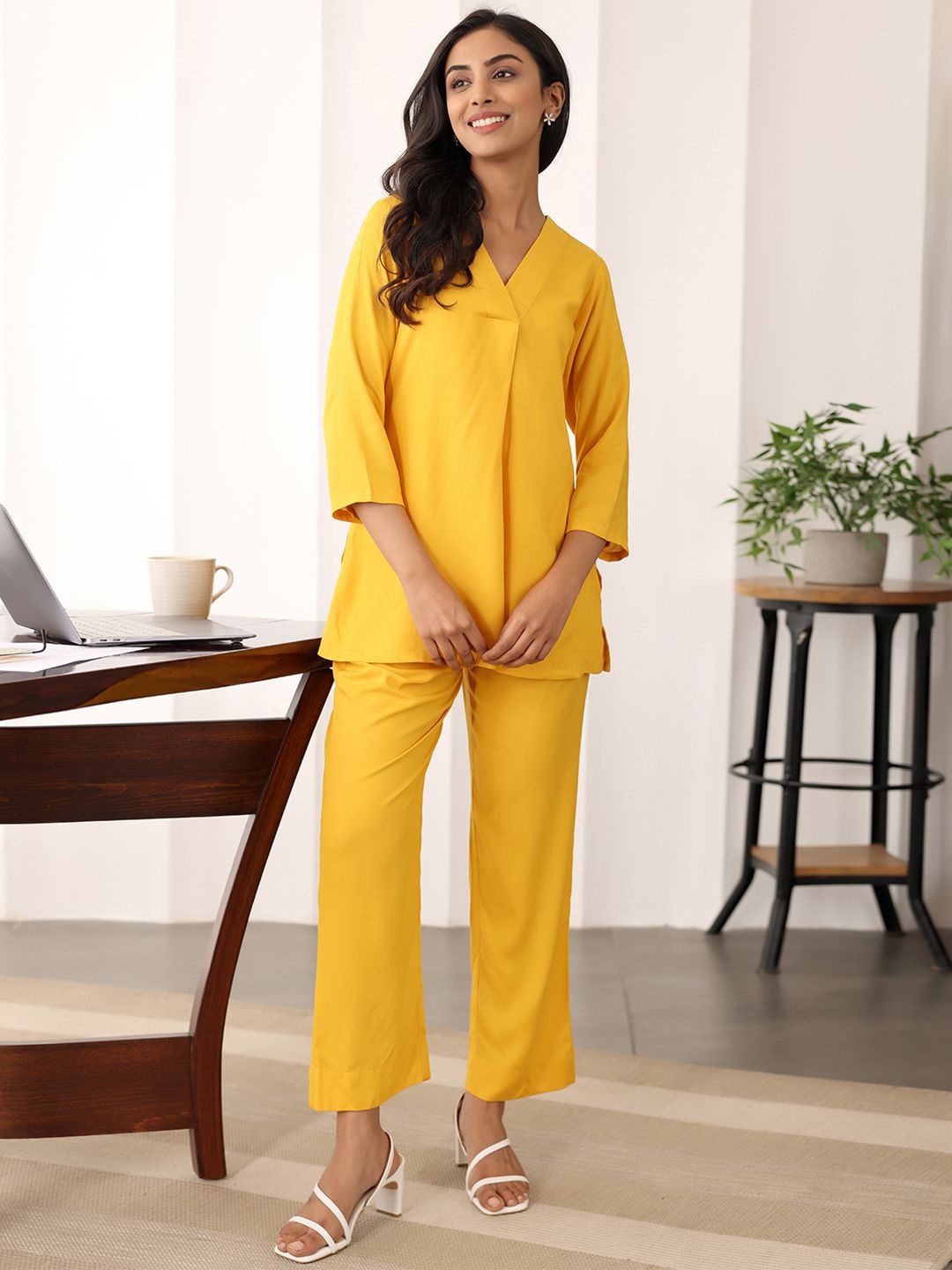 

Ambraee V-Neck Three Quarter Sleeve Tunic With Trouser Co-Ords, Yellow