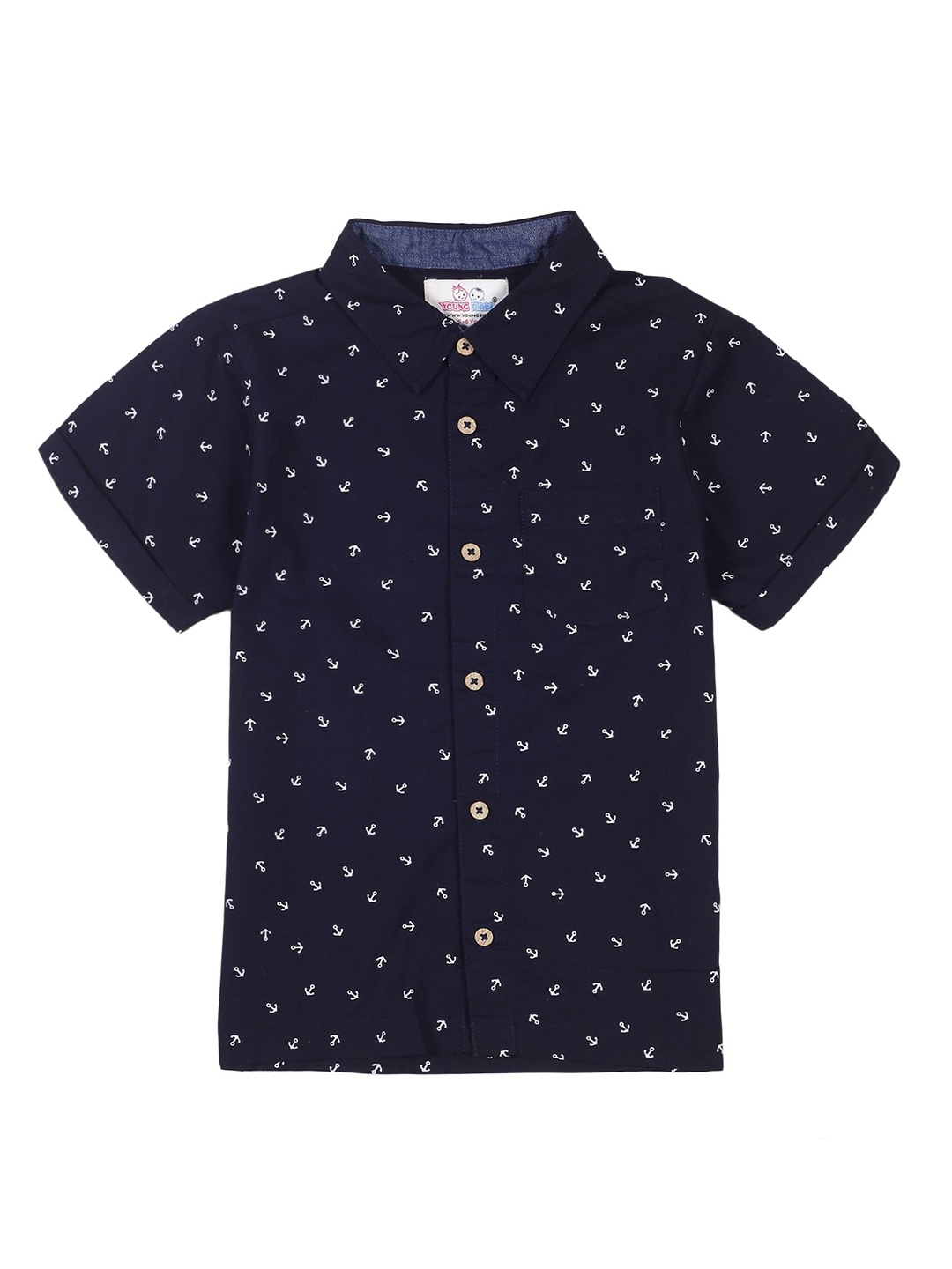 

YOUNG BIRDS Boys Spread Collar Conversational Printed Cotton Casual Shirt, Navy blue