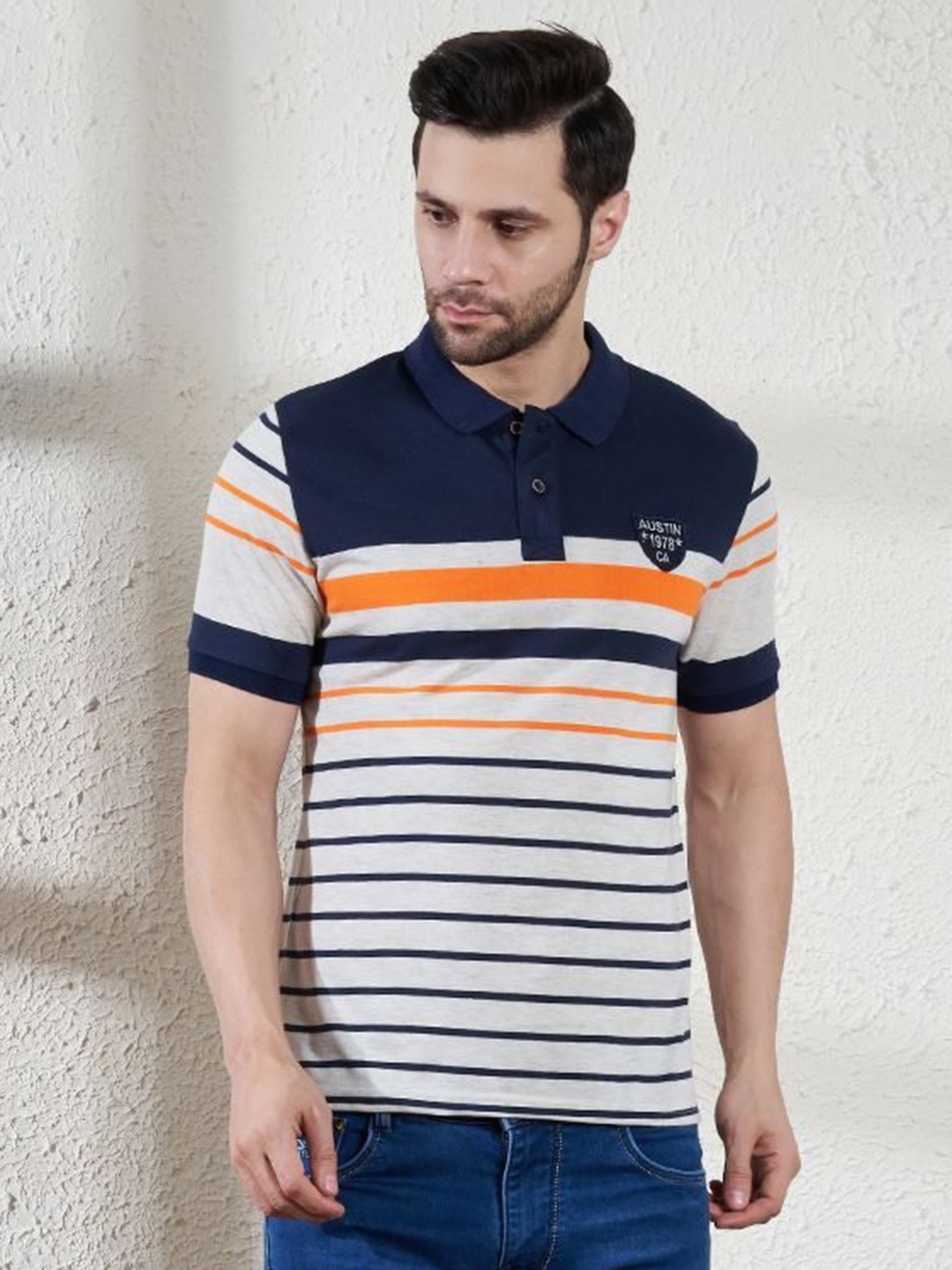 

Austin wood Men Striped Polo Collar Applique T-shirt, White