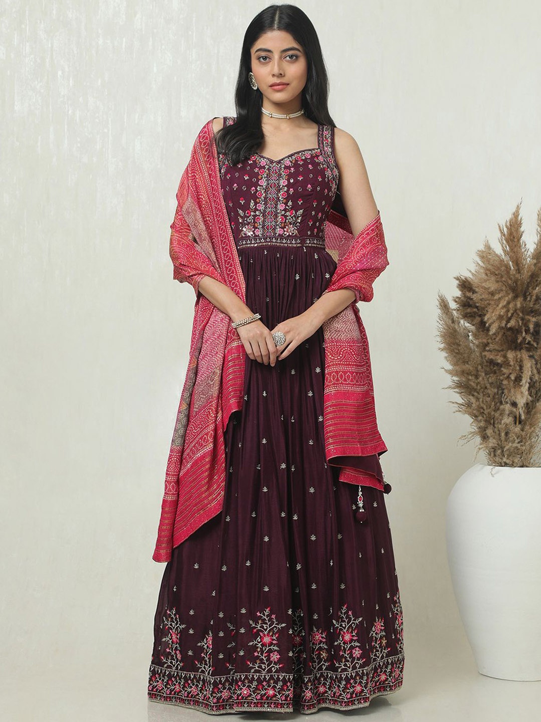 

Soch Women Floral Embroidered Regular Sequinned Kurta with Churidar & With Dupatta, Purple
