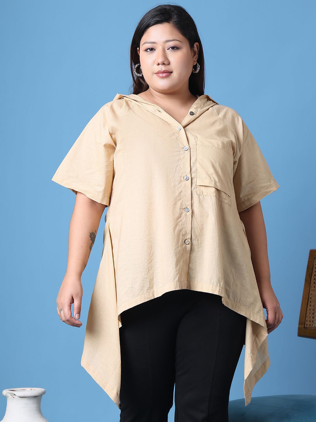 

theRebelinme Women Hooded Cotton Longline Top, Beige