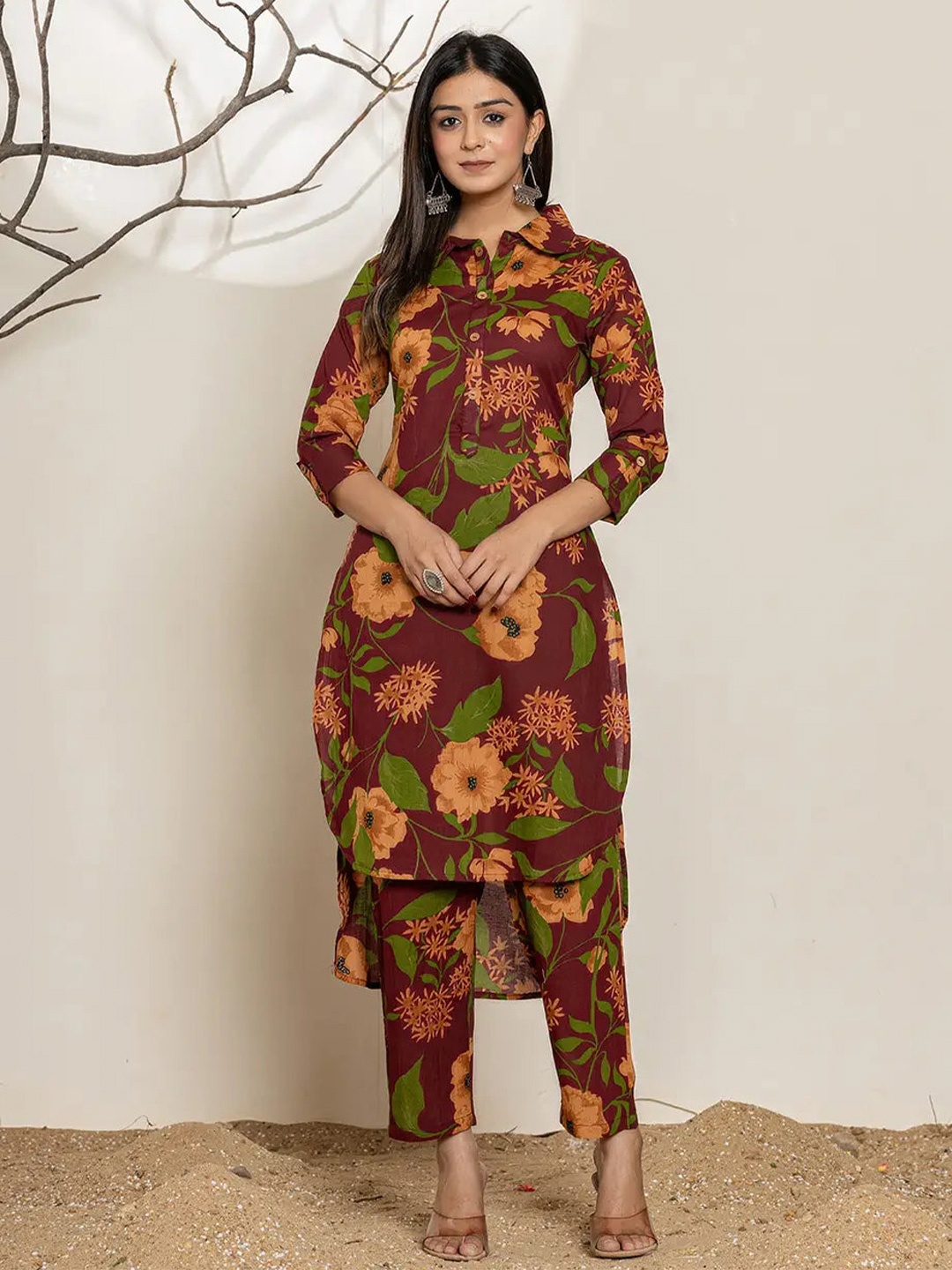 

MissKurti Floral Printed Pure Cotton Shirt Collar Tunic With Trousers Co-Ords Set, Maroon