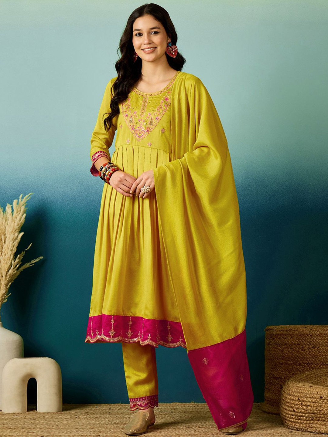 

Anouk Floral Yoke Design Sequinned A-Line Kurta With Trousers & Dupatta, Yellow