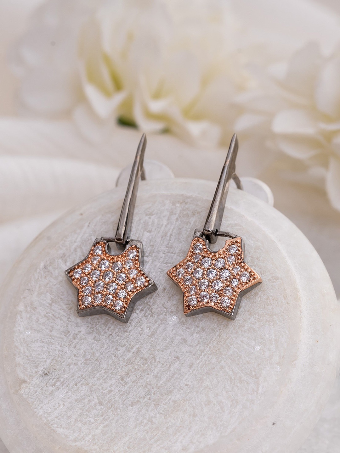 

Manikya Gold-Plated American Diamond Studded Star Shaped Drop Earrings, Silver
