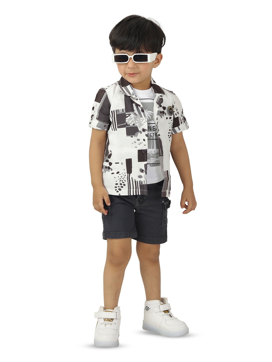 

DOTSON Boys Abstract Printed Round Neck T-shirt And Shirt With Shorts, Grey