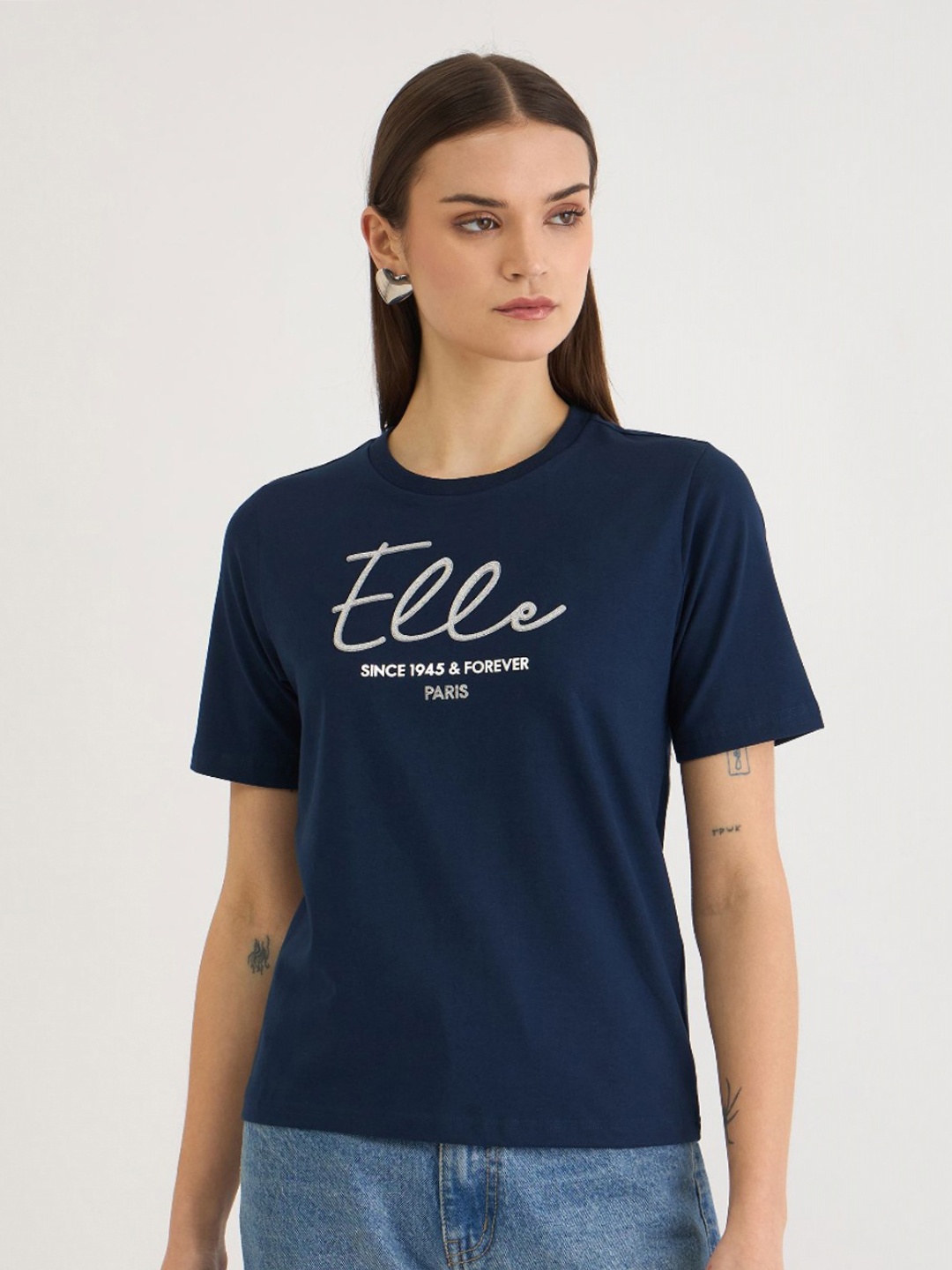 

ELLE Women Typography Printed Pure Cotton Applique T-shirt, Blue