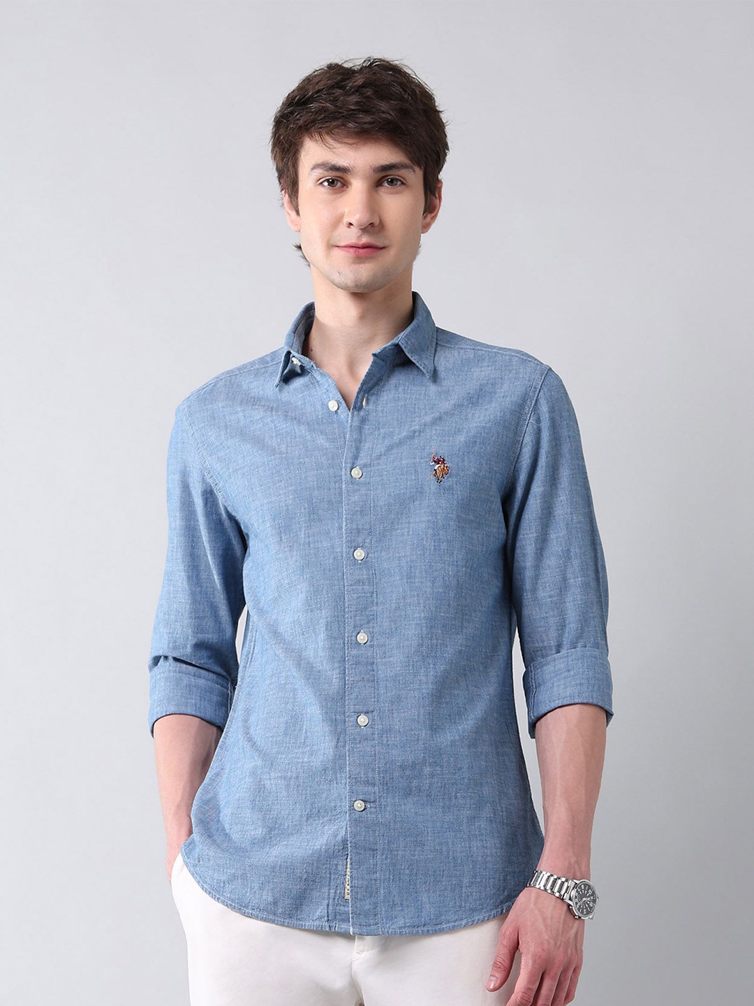 

U.S. Polo Assn. Denim Co. Men Classic Regular Fit Spread Collar Solid Cotton Casual Shirt, Blue