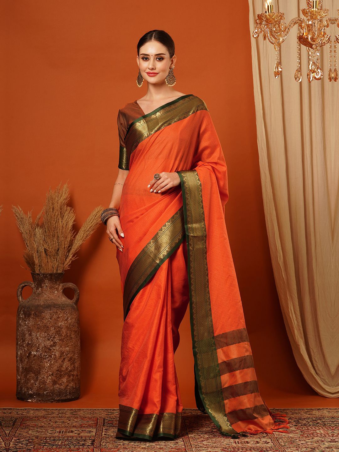 

SILKWEAR Ethnic Motifs Zari Mysore Silk Saree, Orange