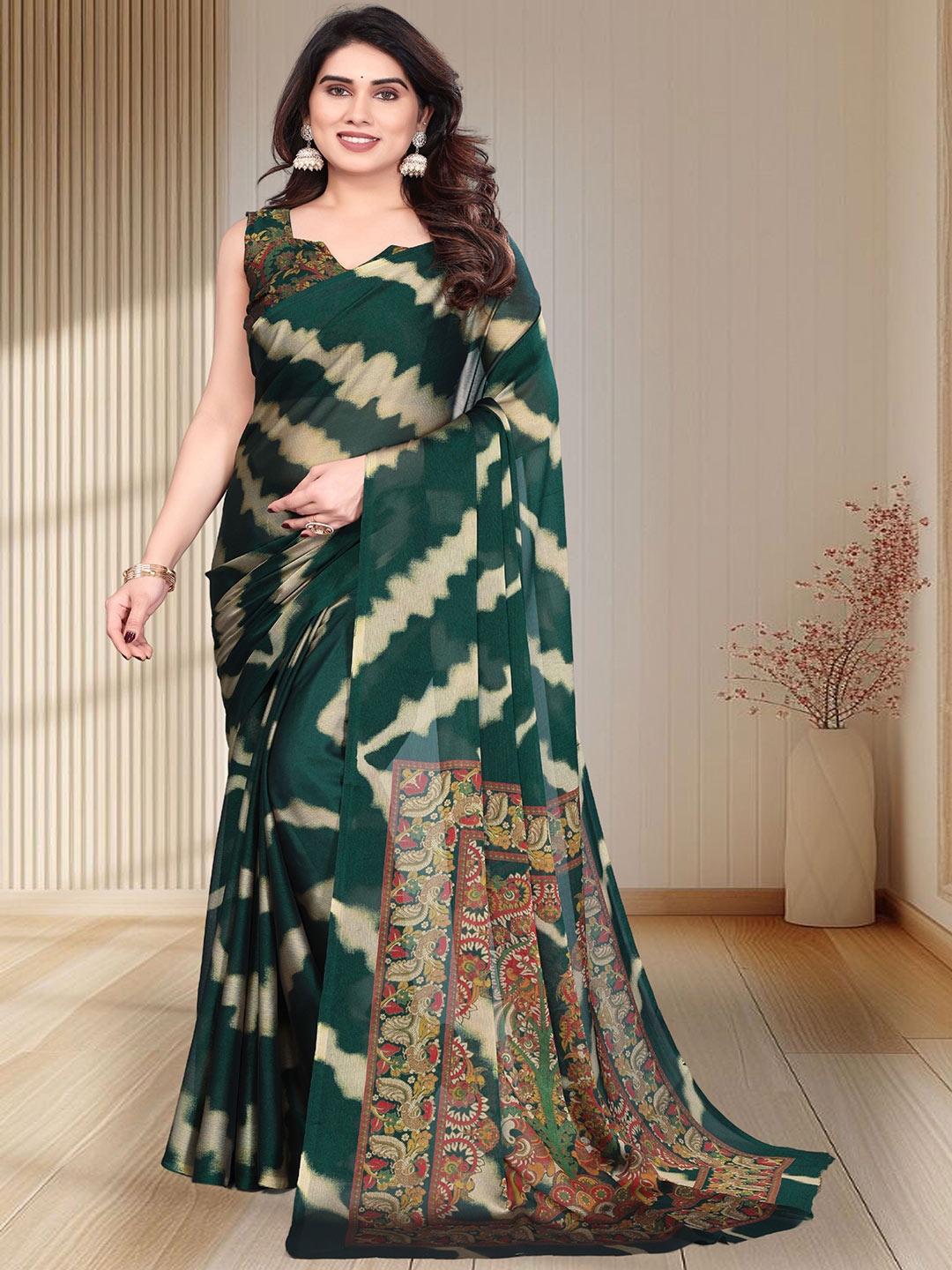 

MAGNEITTA Striped Pure Chiffon Saree, Green