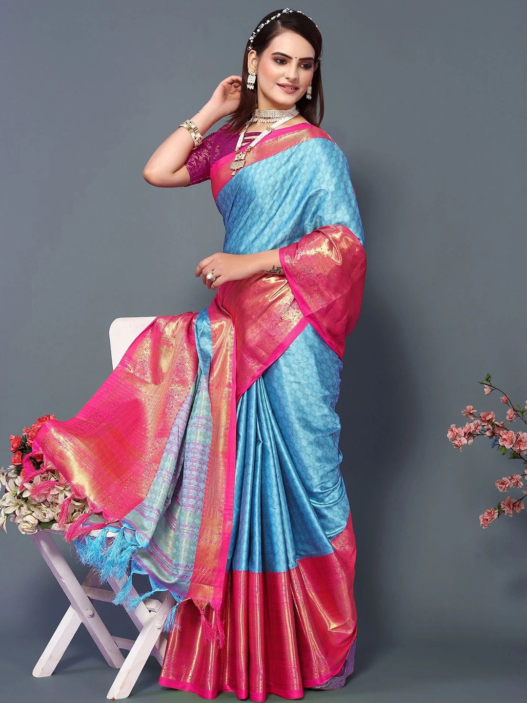 

Yourwish Ethnic motifs woven design Zari Narayan Peth Saree With Unstitched Blouse Piece, Blue