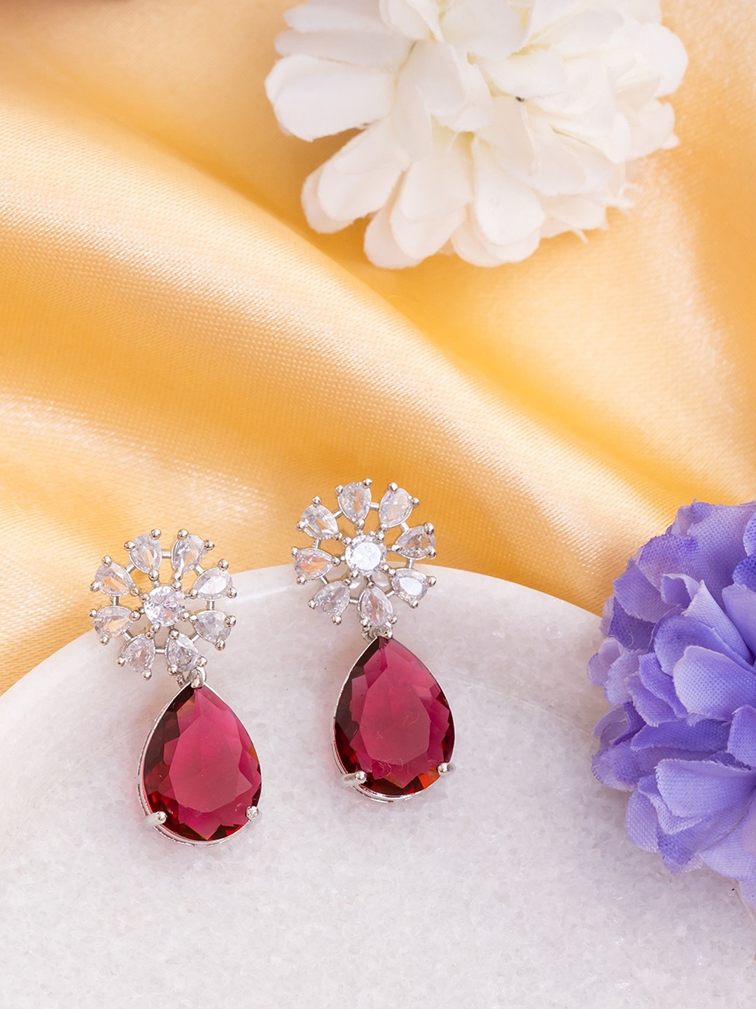 

Manikya Rhodium-Plated American Diamond Studded Teardrop Shaped Drop Earrings, Silver