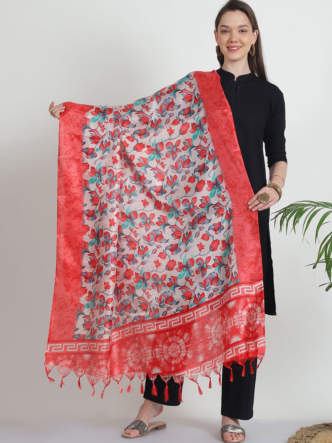 

LOOM LEGACY Floral Printed Dupatta, Red