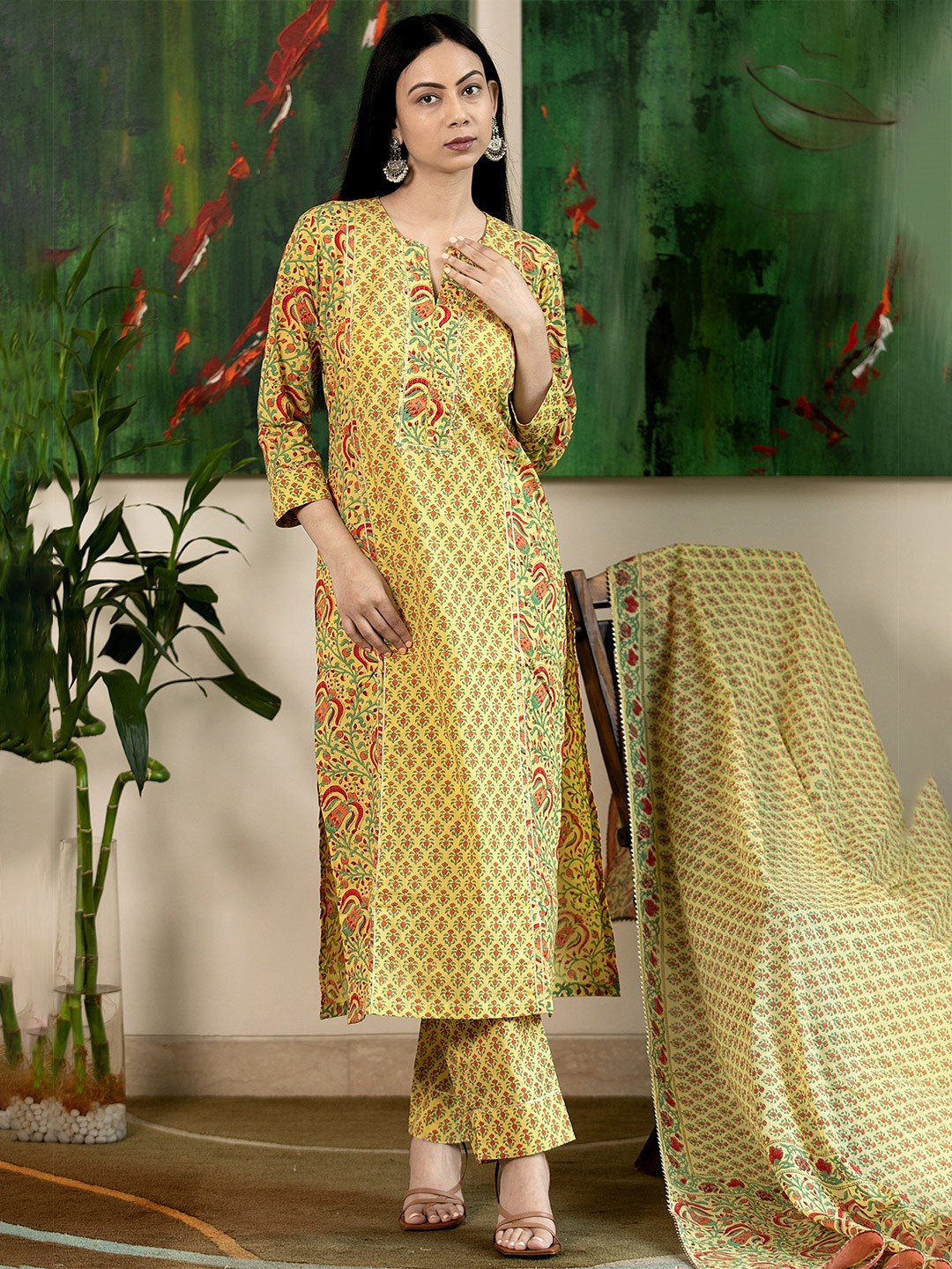 

Anni Designer Floral Printed Notch Neck Gotta Patti Straight Kurta With Trousers & Dupatta, Yellow